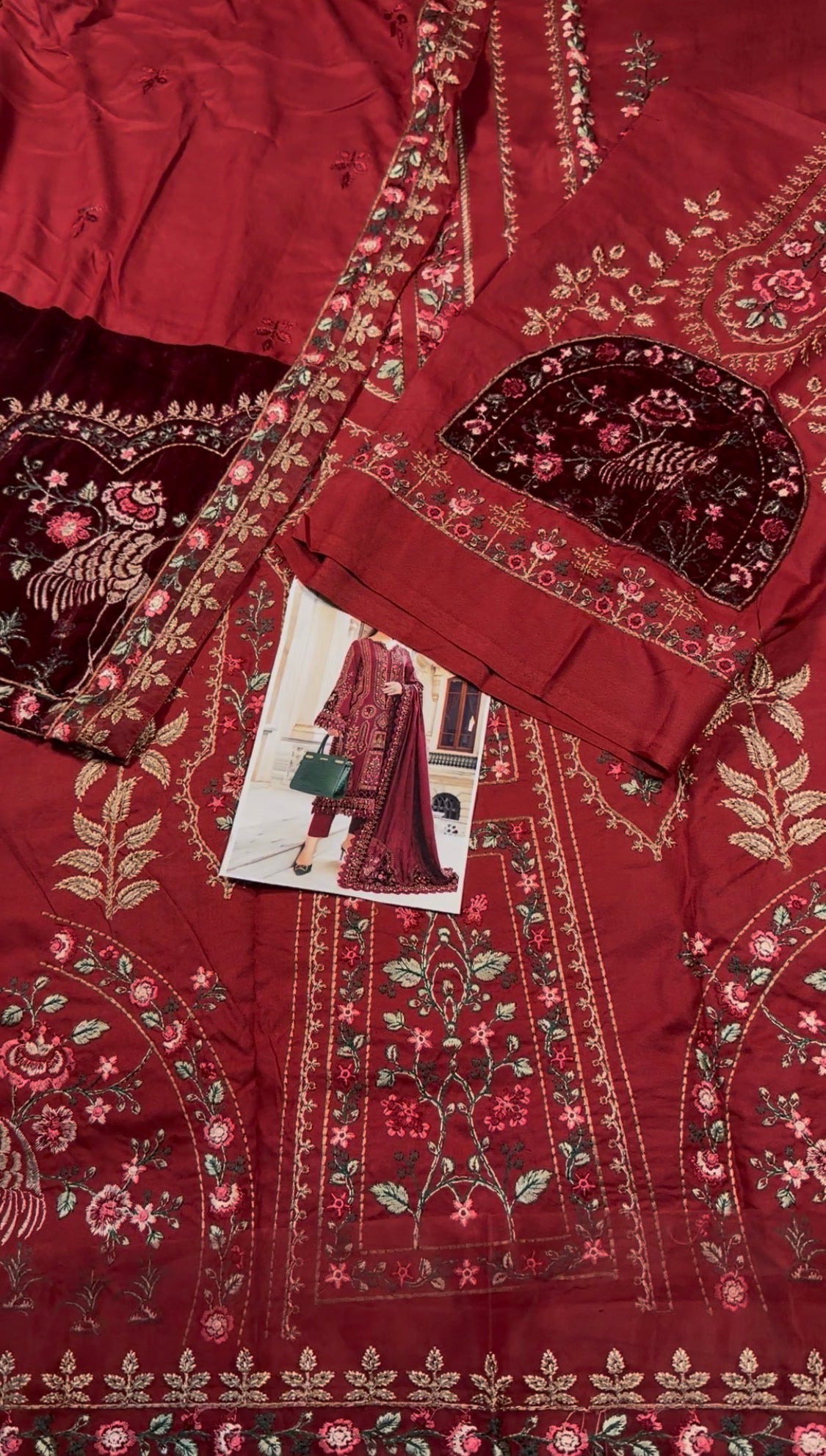 3pcs Dhanak Maria B Mehroon Embroidered