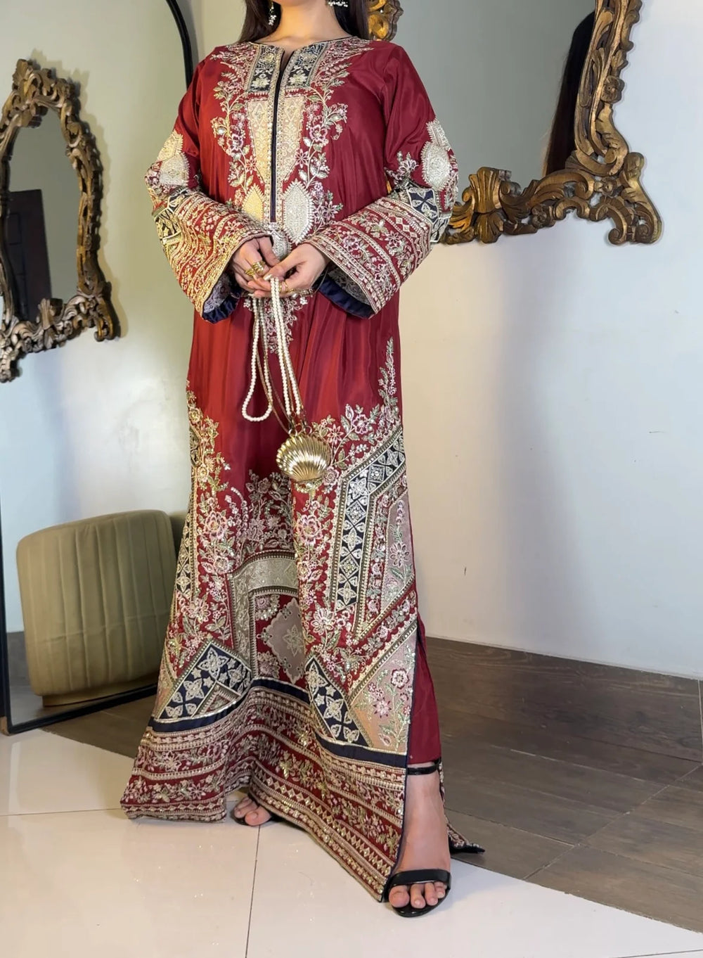 2pcs Silk Ethnic Mehroon Heavy Embroidered