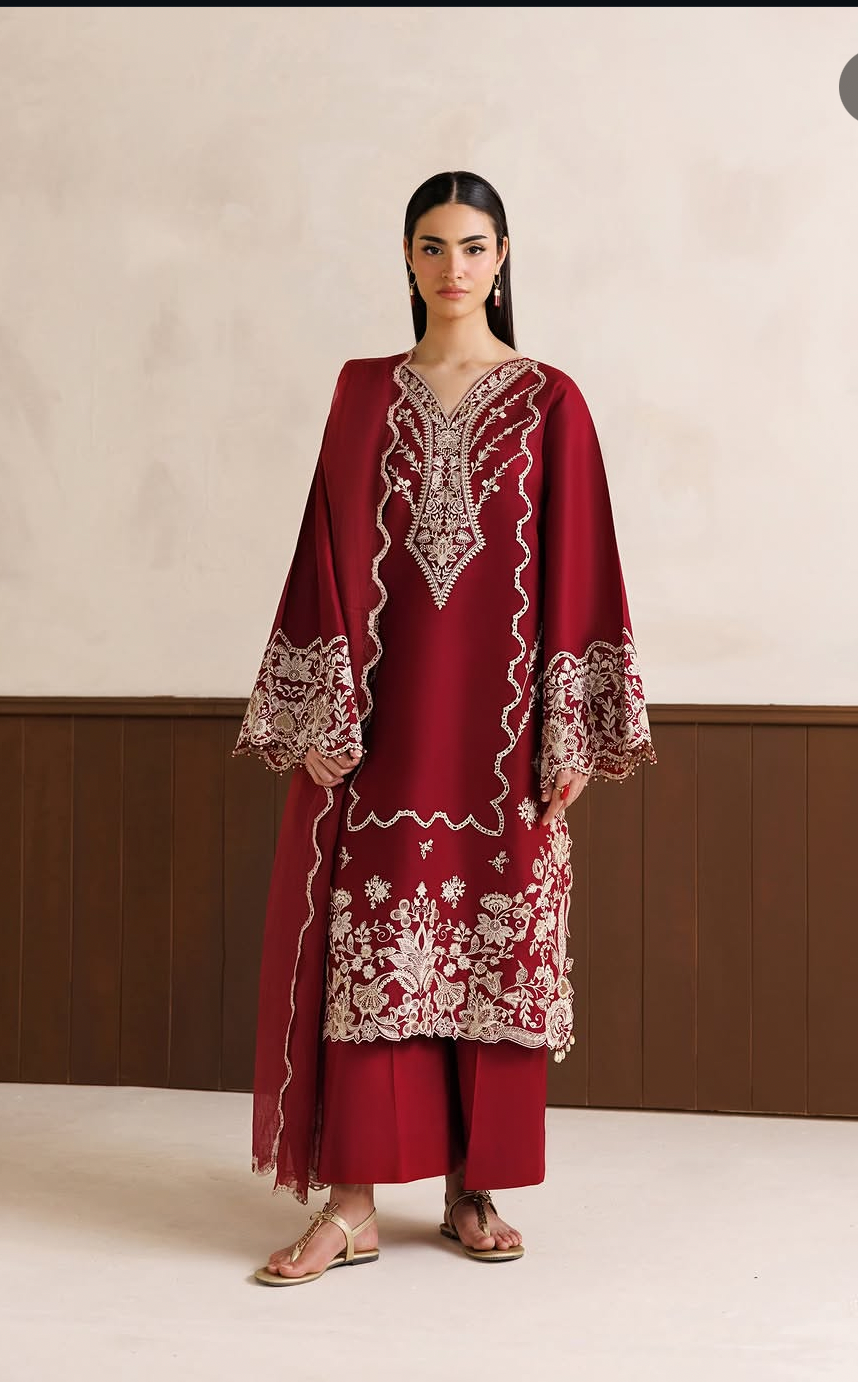 3pcs Baroque Mehroon Skin Embroidered
