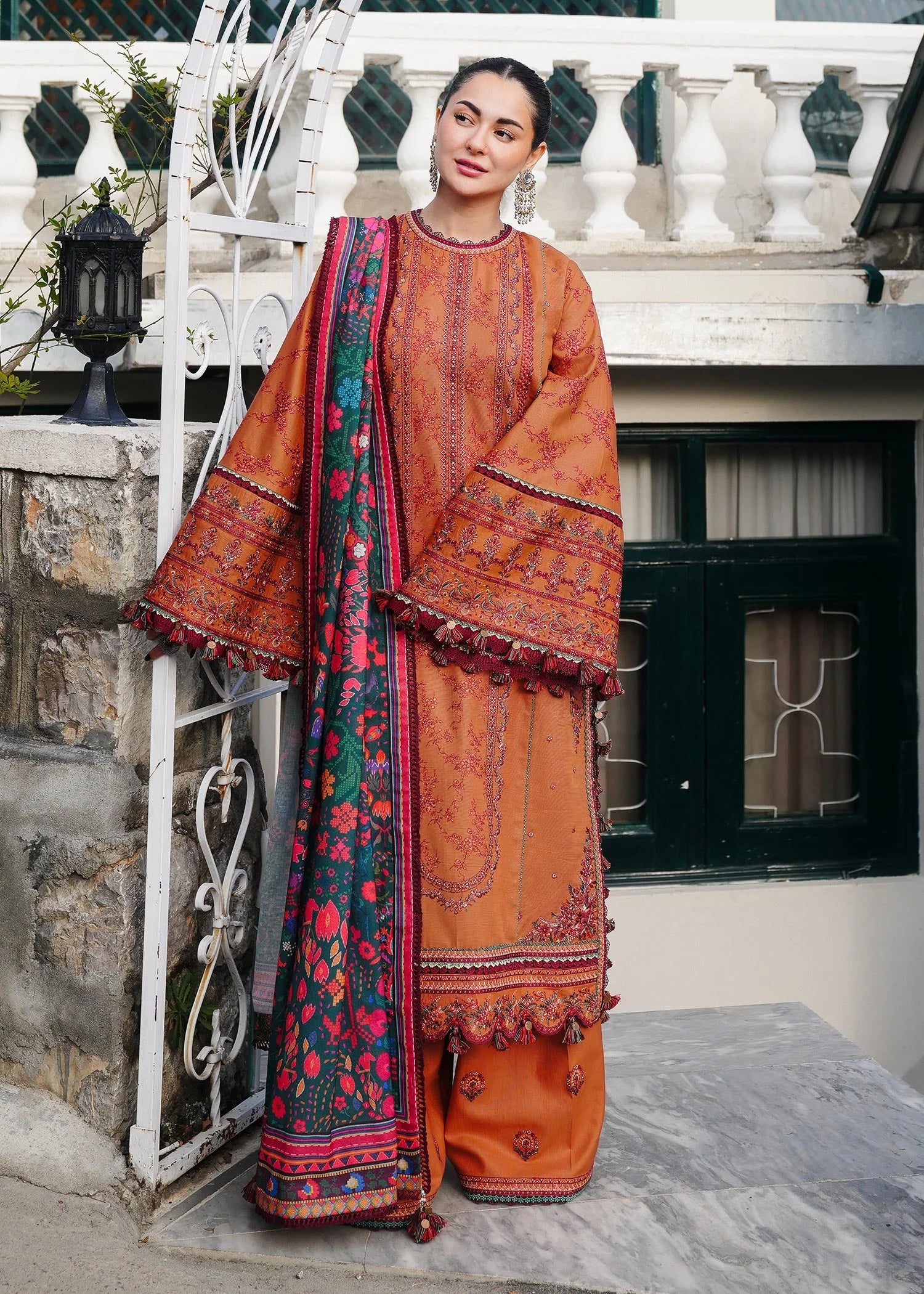 3pcs hussain rehar orange lawn
