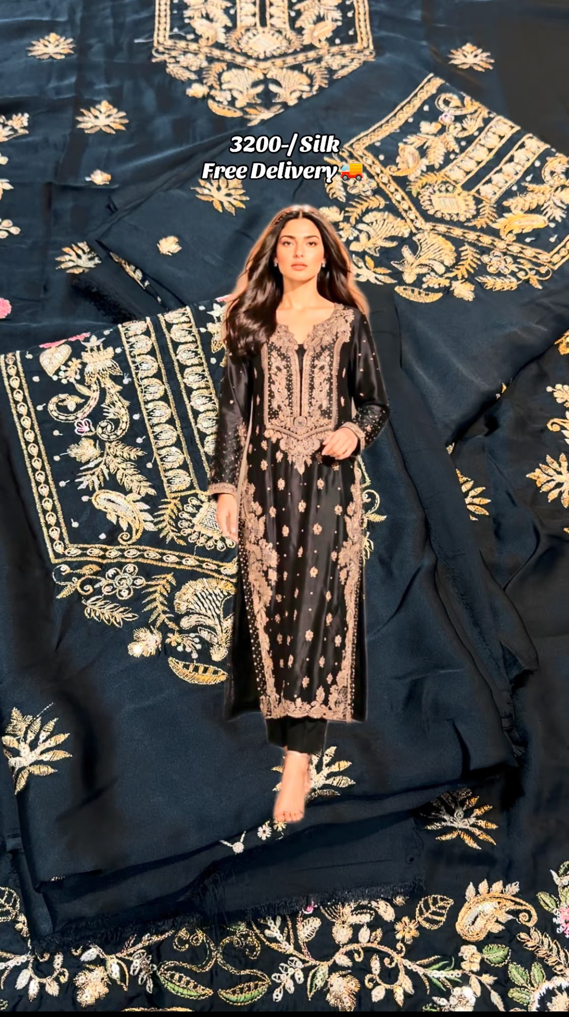2pcs Ethnic Copper Brown Black Embroidered Silk kaftan