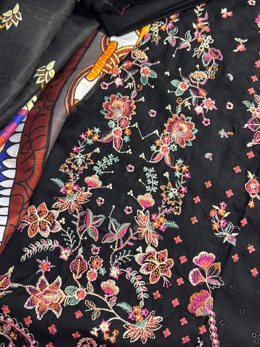 3pcs Dhanak Aneelas Collection Black with multi embroidered