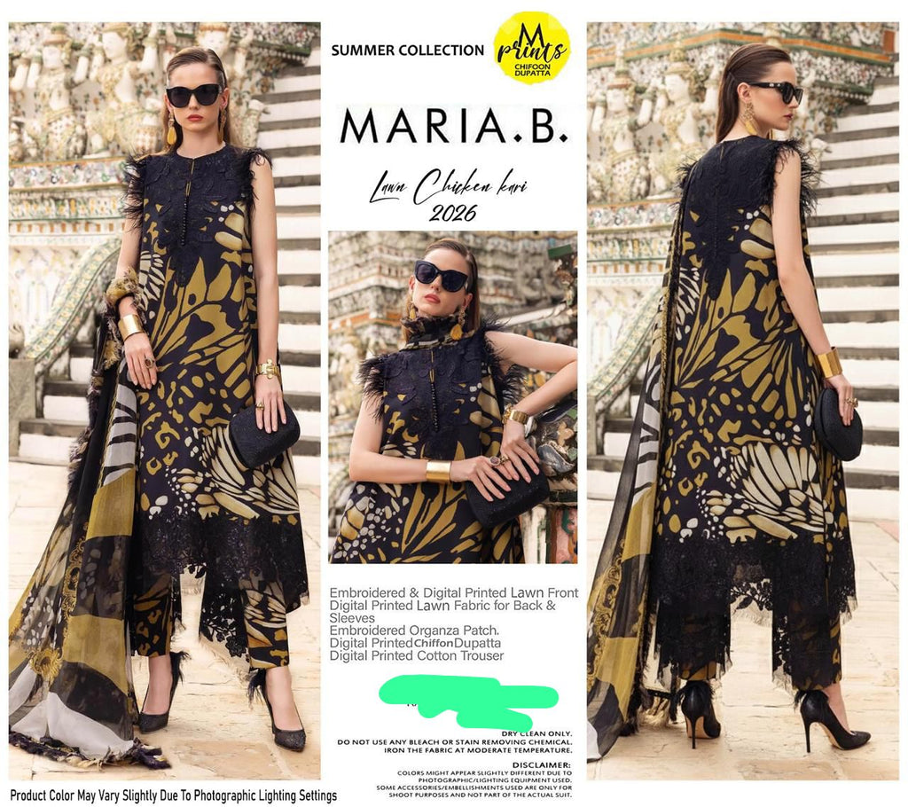 3pcs Maria B butterfly mustard lawn