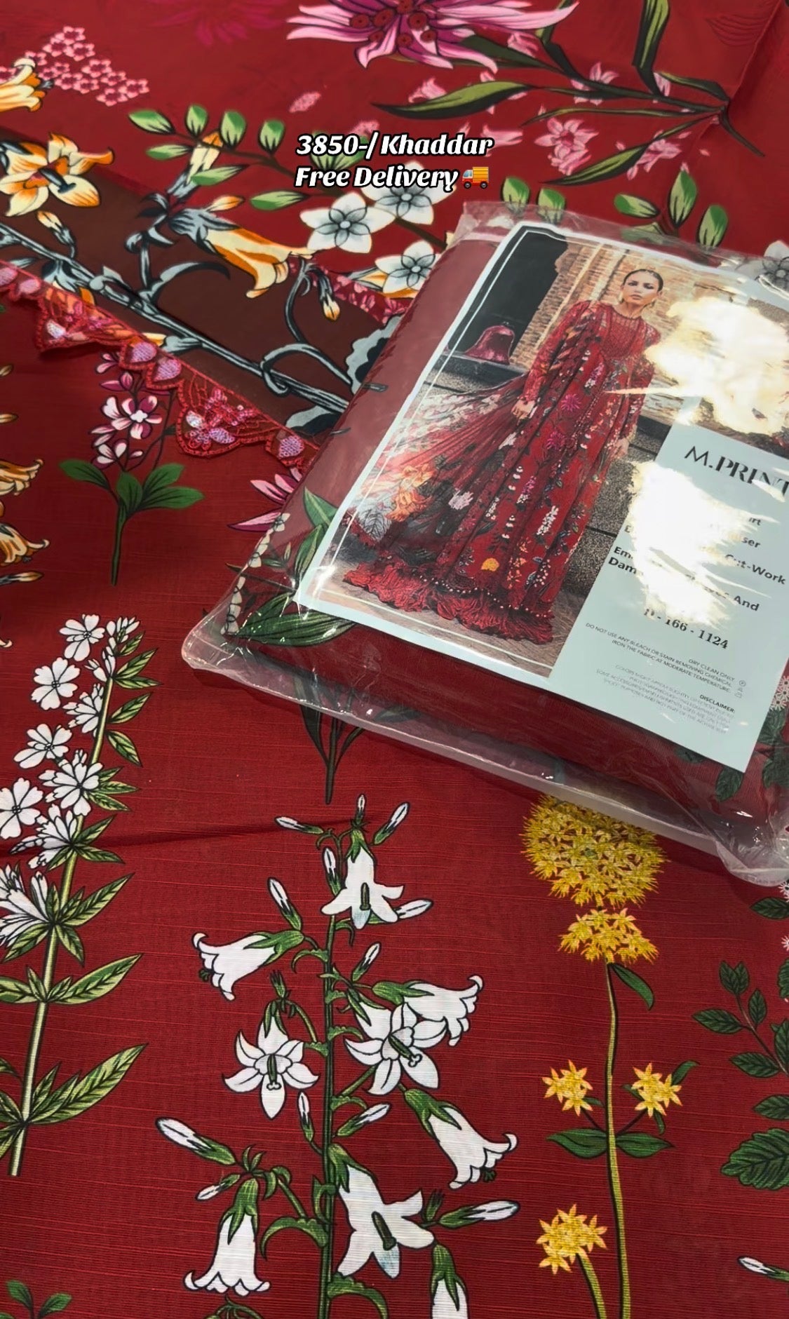 3pcs Red With Multi Flower Maria B Khaddar