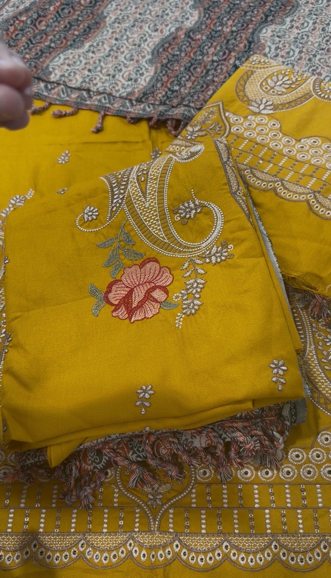 3pcs Dhanak Keri Yellow With Kashmiri Multi Shawl