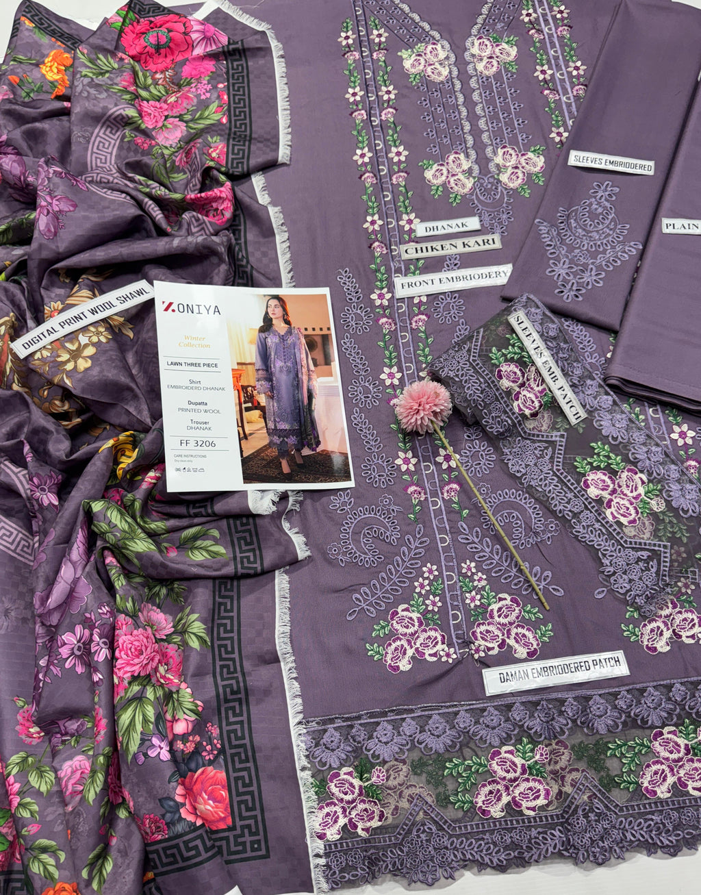 3pcs Embroidery dhanak lavendar hania