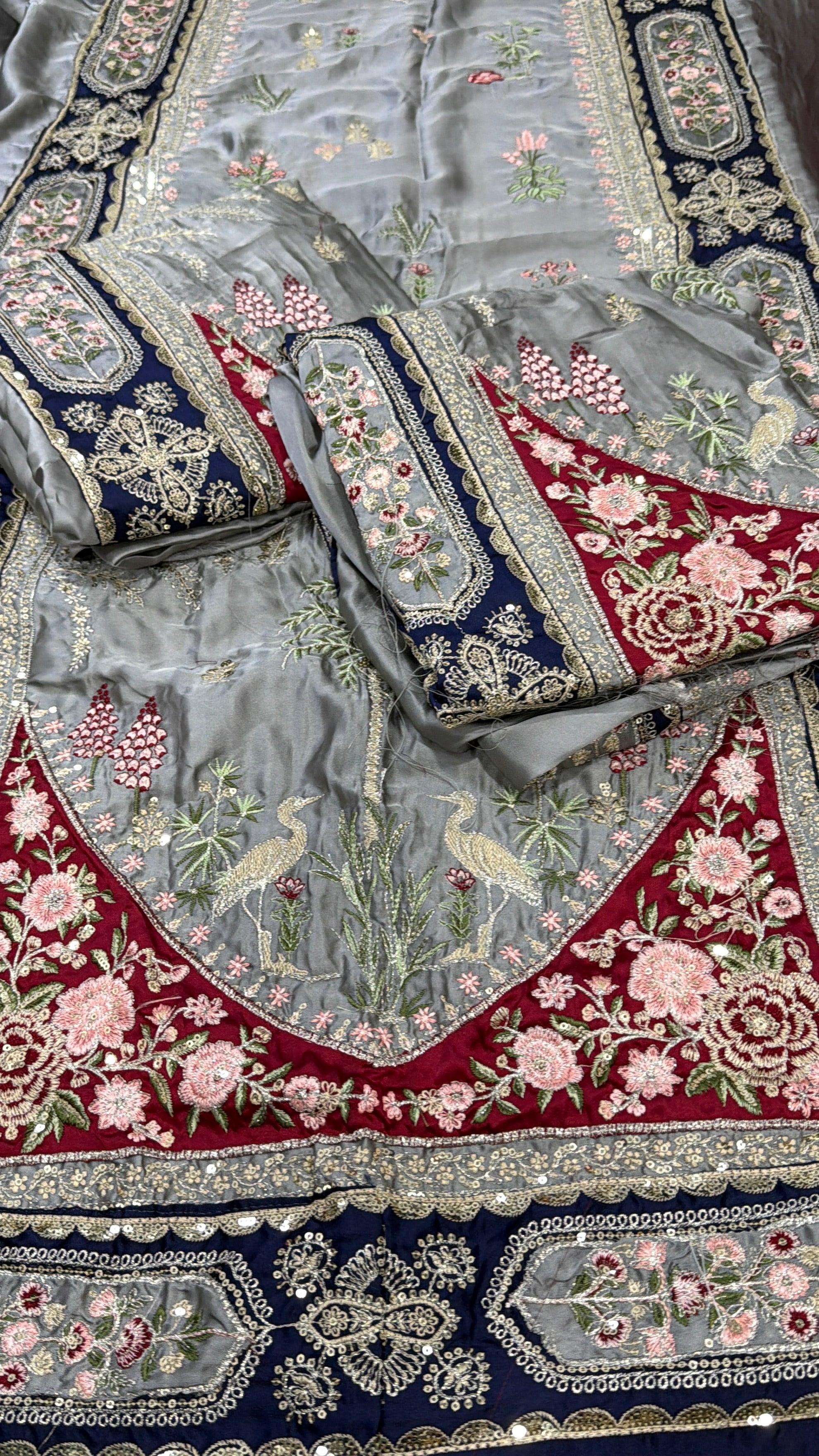 2pcs Silk Grey Embroidered Ethnic Long Kaftan