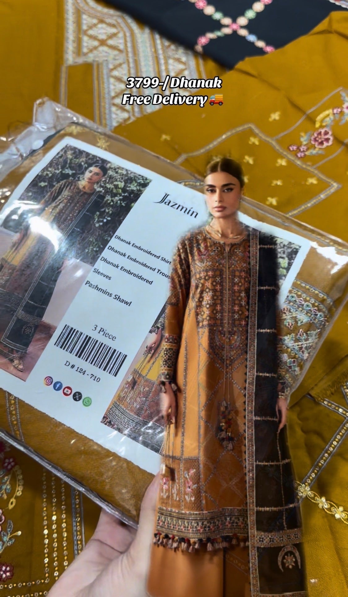 3pcs Jazmin Mustard Black Sindhi Embroidered Dhaank