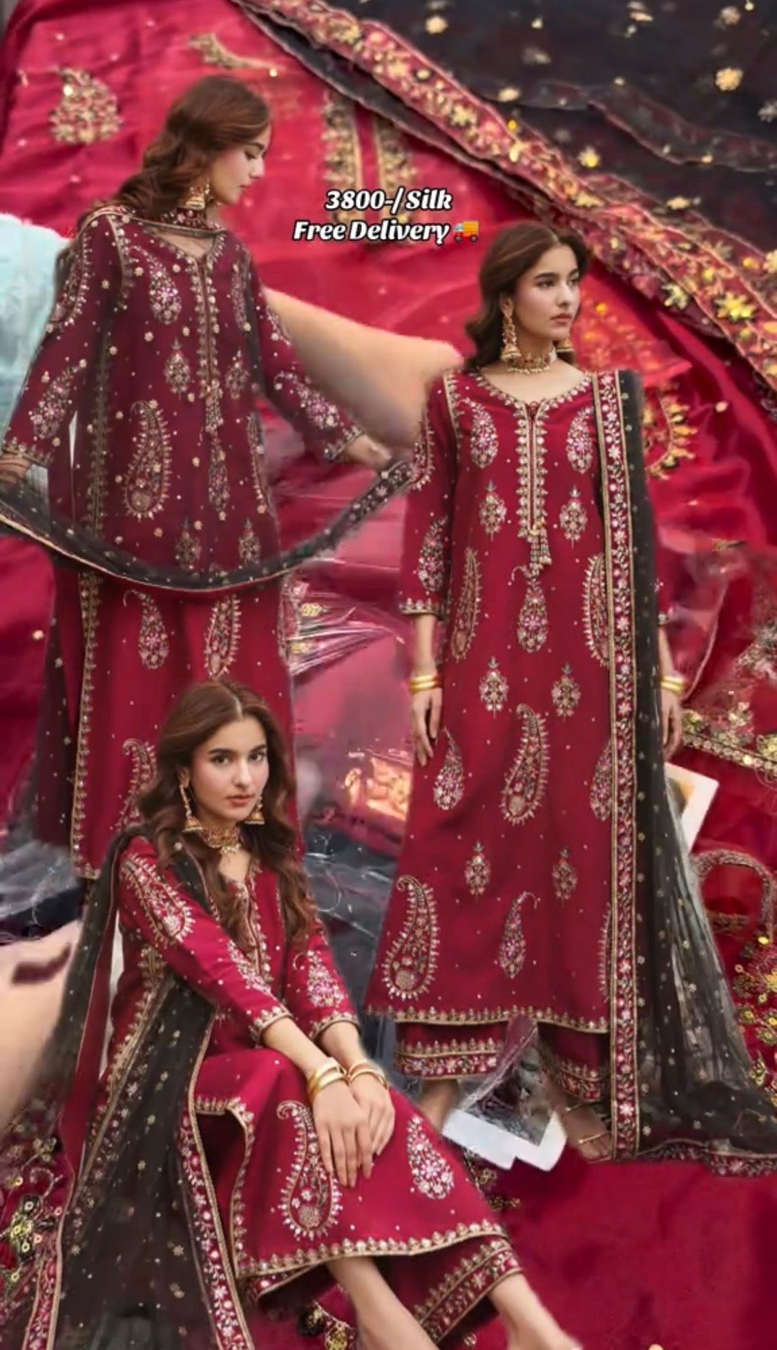 3pcs Silk Chrizmah Mehroon Embroidered
