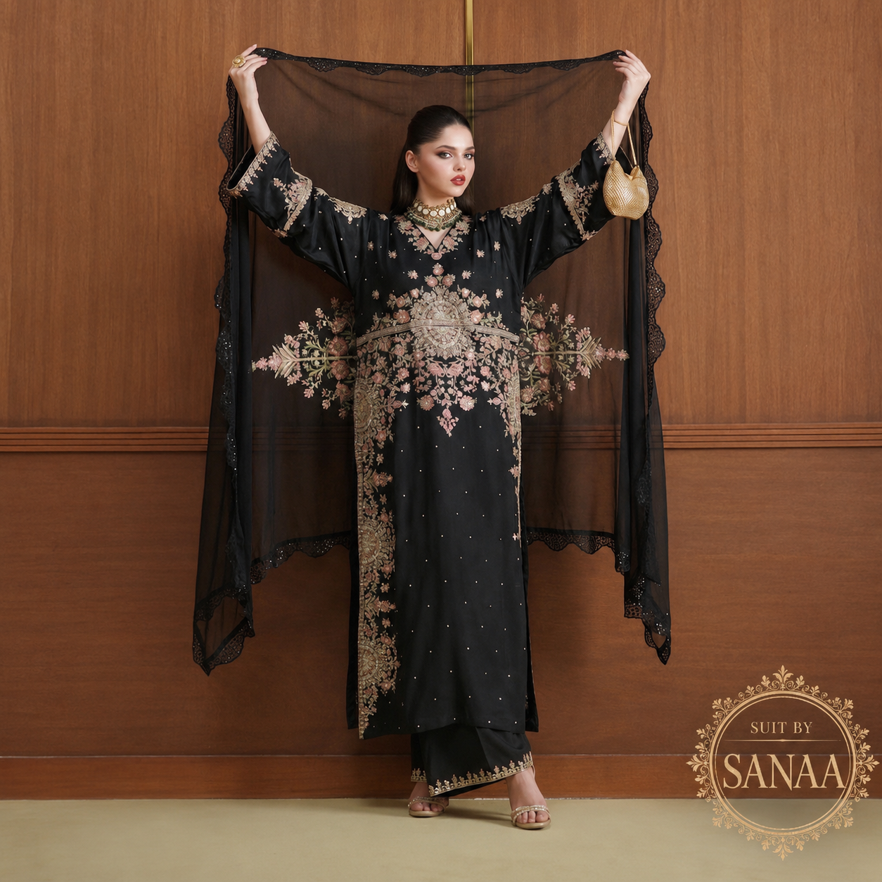 3pcs Silk Ethnic Long Black Emb Kaftan