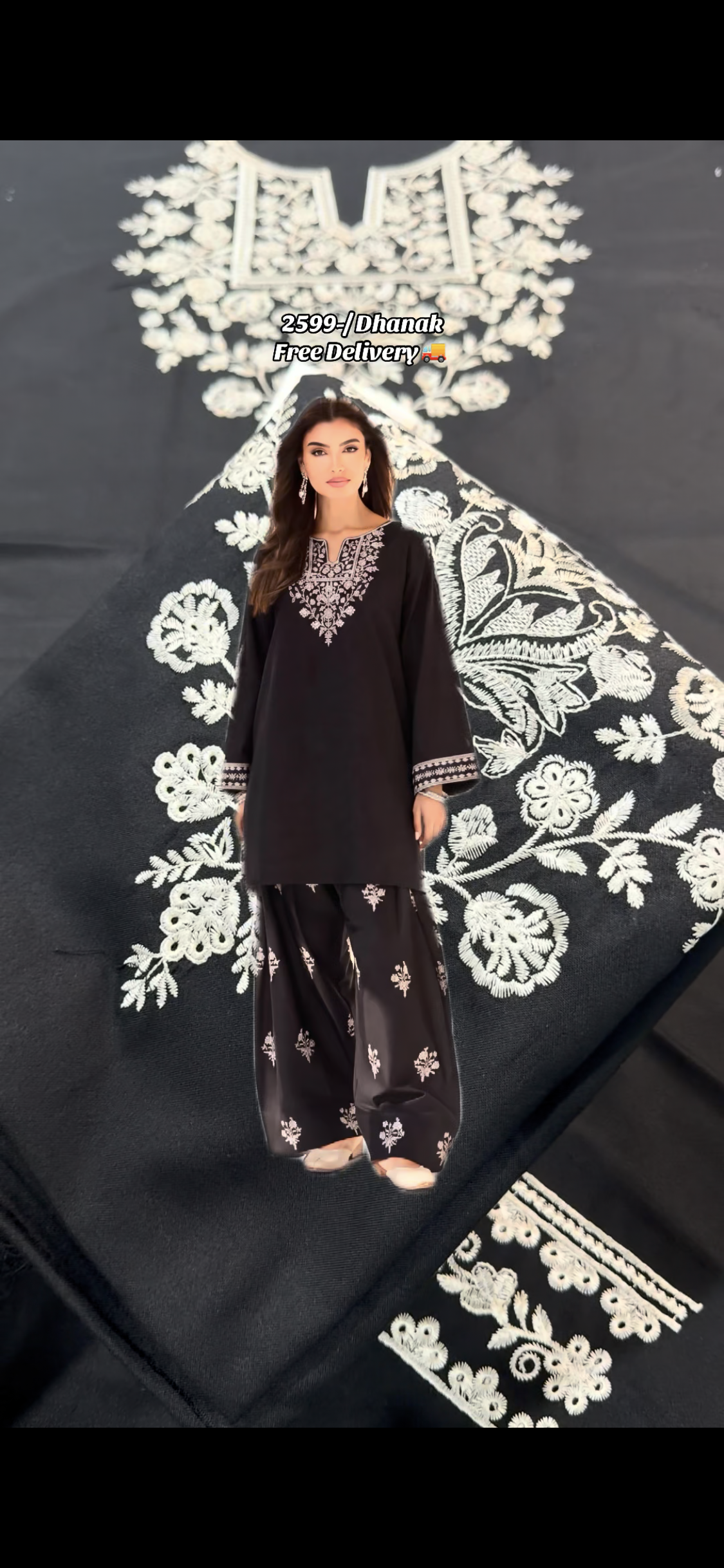 2pcs Dhanak Batik Embroidered Black Offwhite