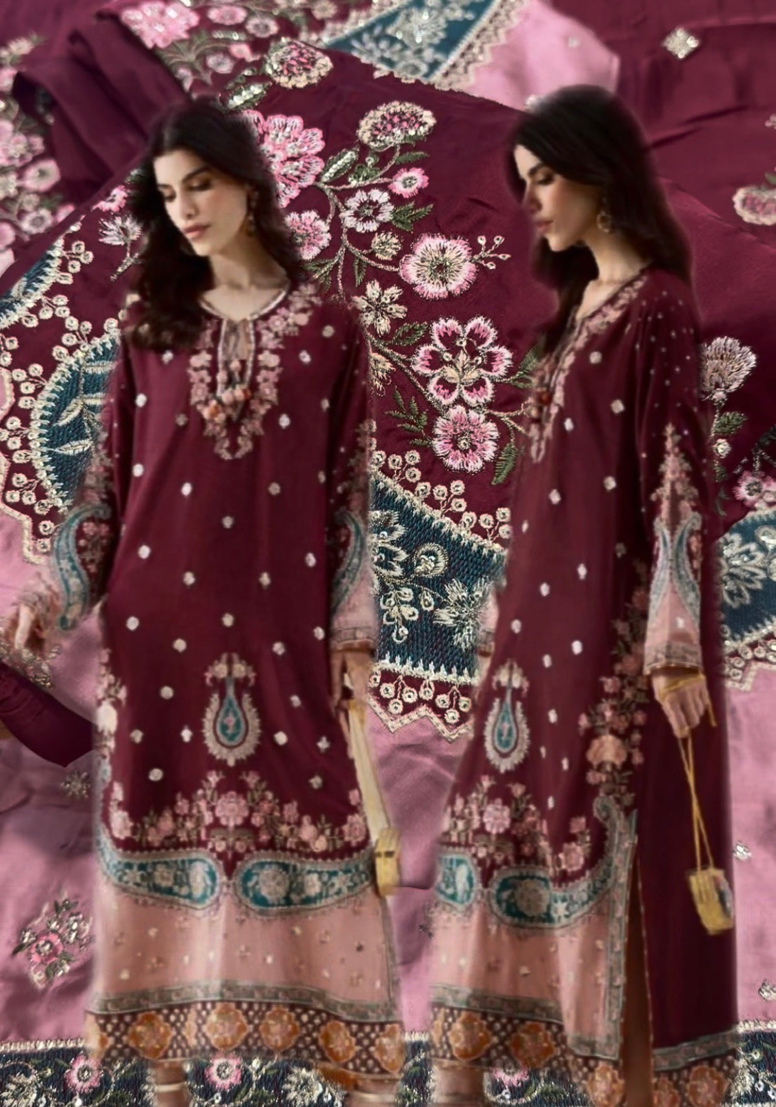 2pcs Silk Ethnic Mehroon Pink Embroidered