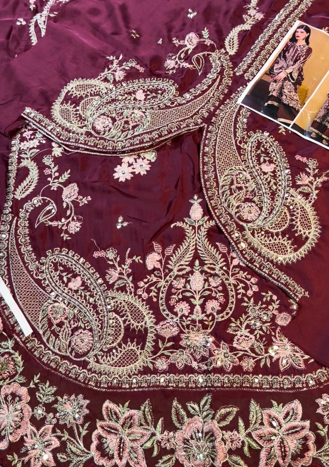 2pcs Mehroon Slit Embroidery Silk