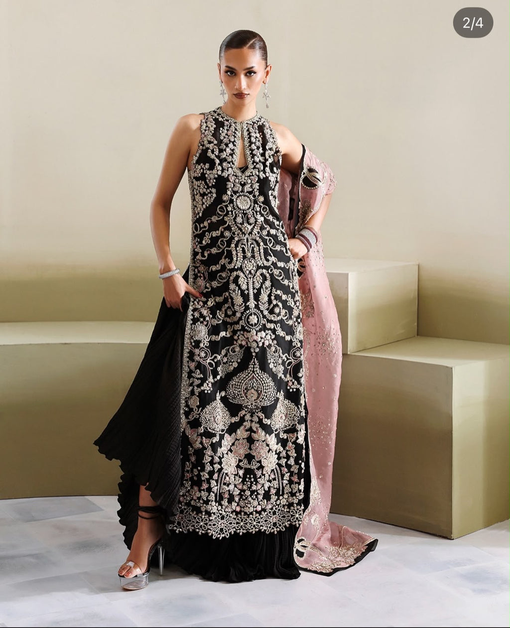 3pcs Soraya Velvet Black pink Embroidered