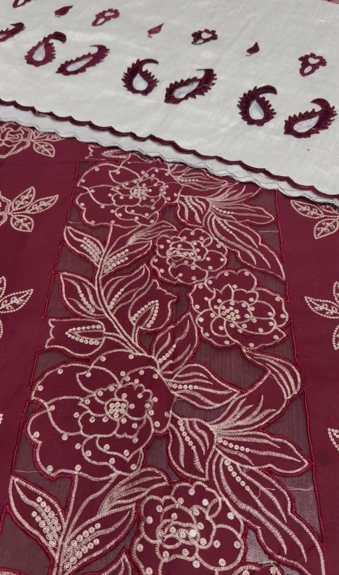 3pcs Dhanak Embroidery Mehroon Cutowrk