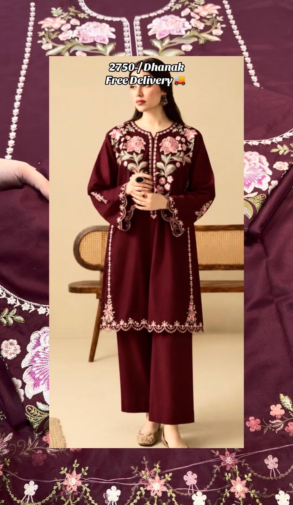 2pcs Dhanak Mehroon Preetpret Brand Embroidered