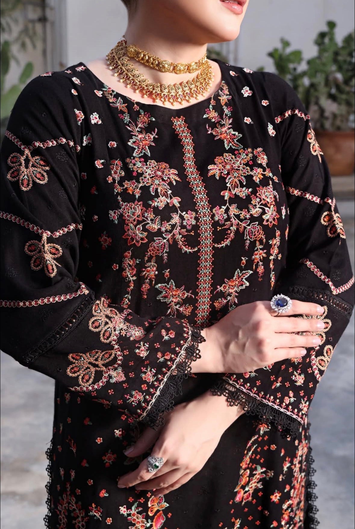 3pcs Dhanak Aneelas Collection Black with multi embroidered