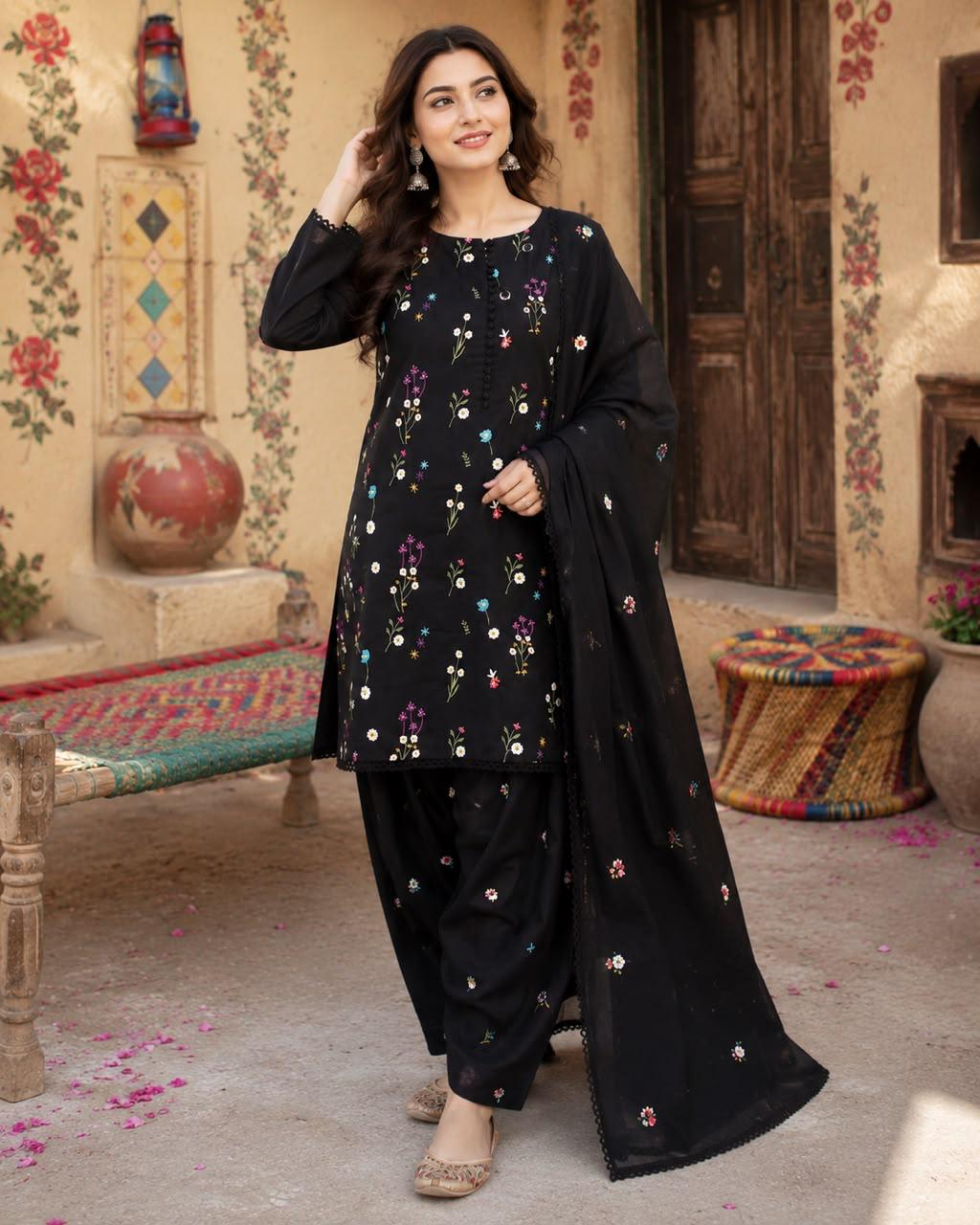 3pcs Indian Boti Embroidered lawn