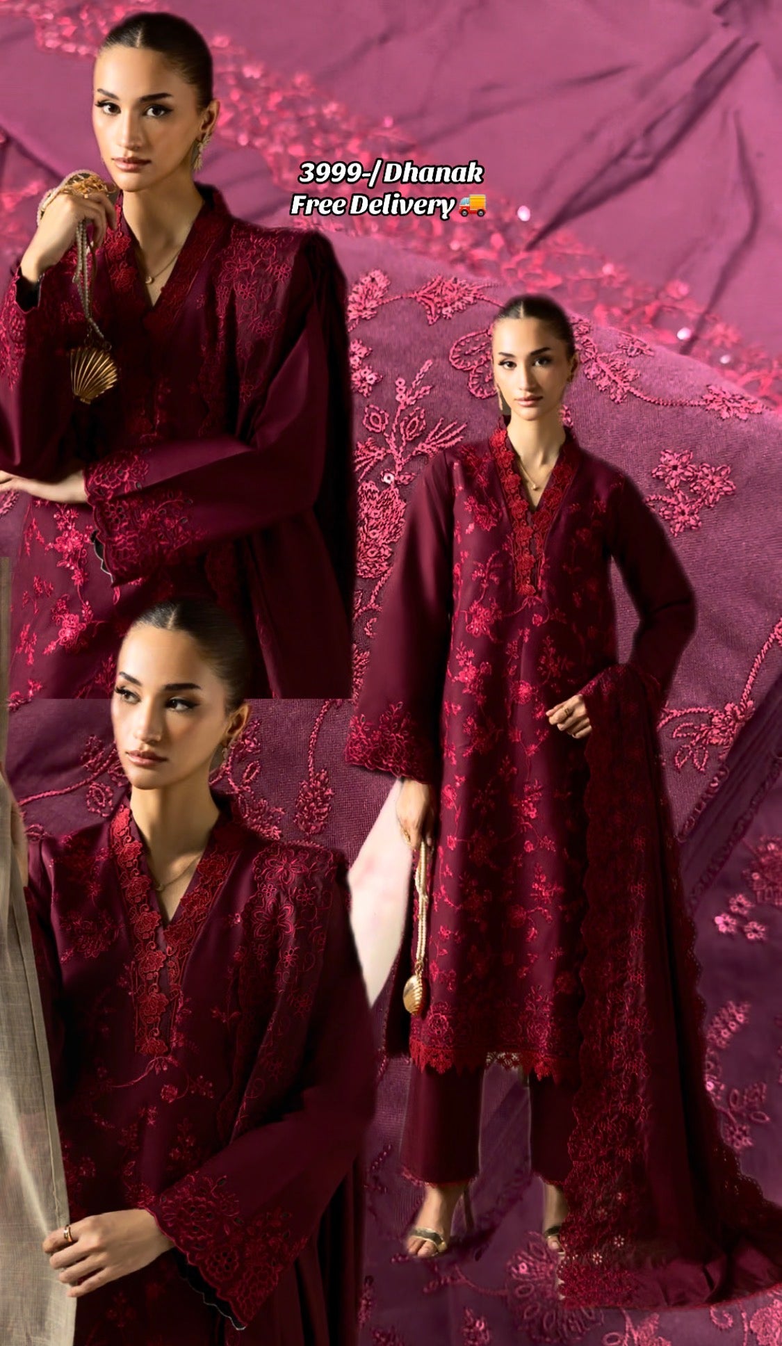 3pcs Mehroon Allover Embroidered Dhanak RajBari