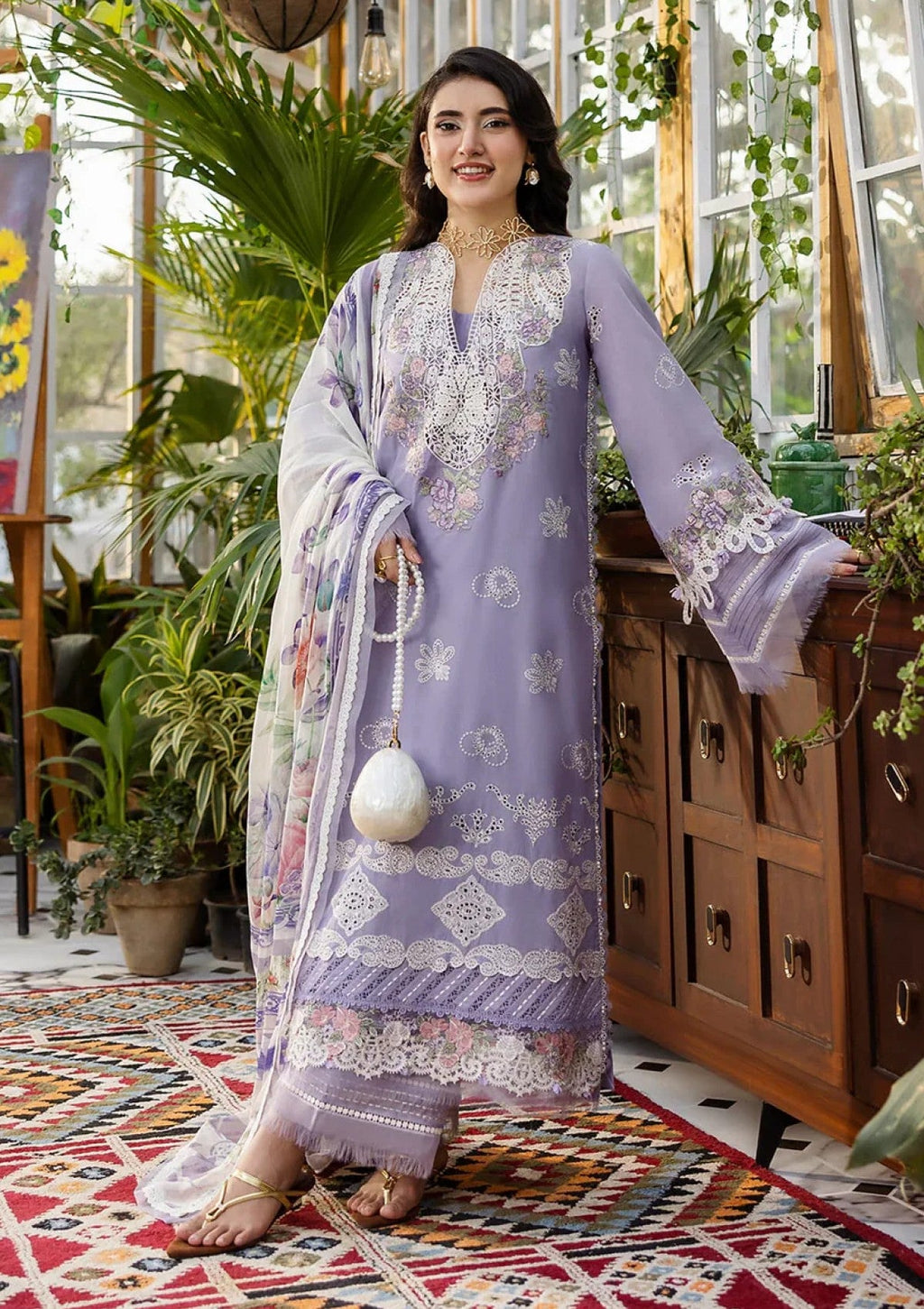 3pcs Lilac Elaf Chair Chiffon dupata fabric lawn