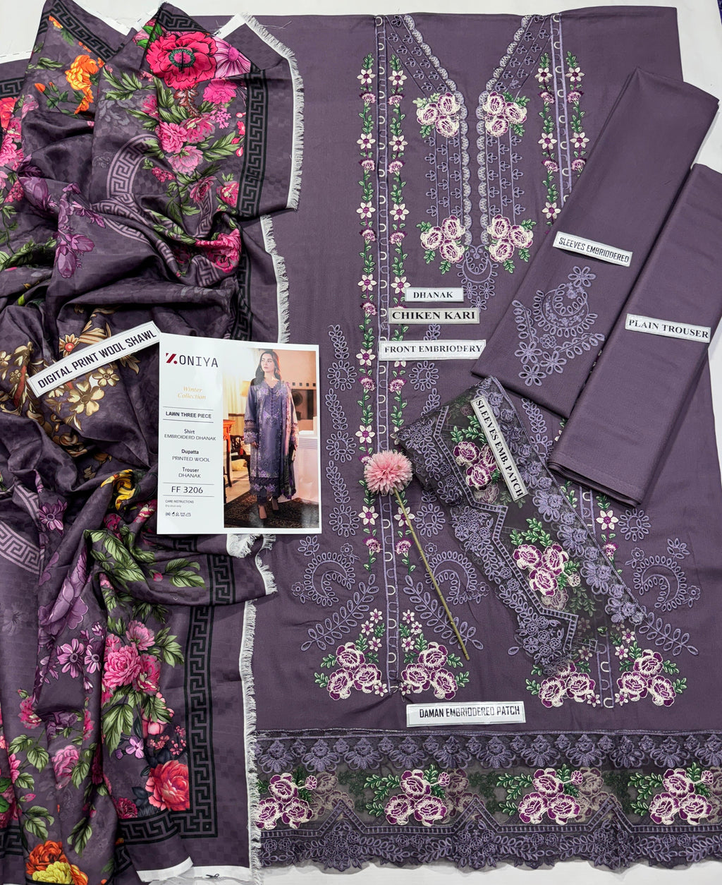 3pcs Embroidery dhanak lavendar hania