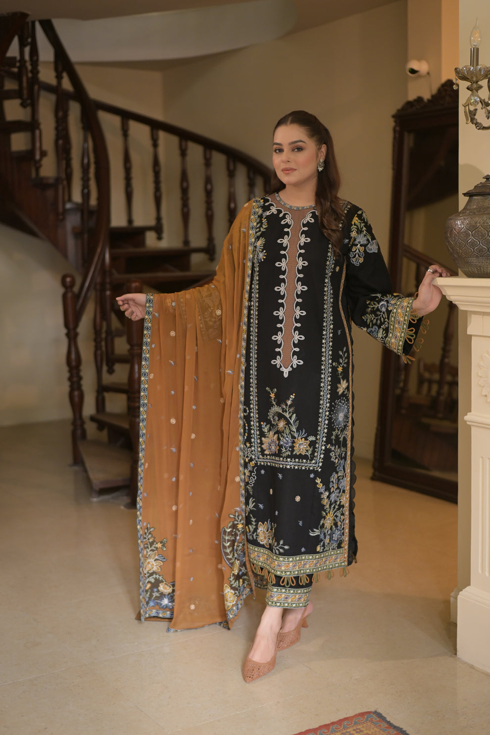 3pcs Aneelas Black Mustard Dhanak Embroidered