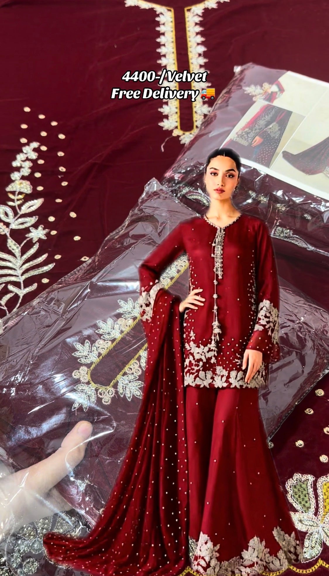 3pcs Iznik Mehroon Velvet Embroidered
