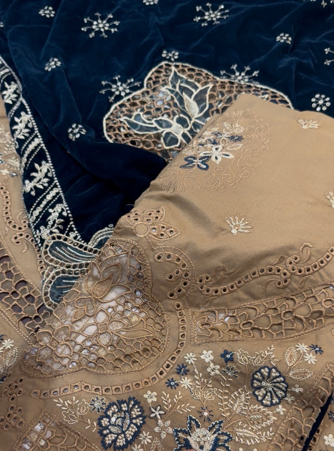 3pcs Dhanak Camel Brown With Applic Velvet shawl