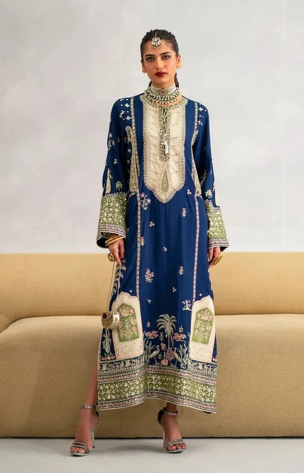 2pcs Royal Blue Applic Emb Kaftan Silk