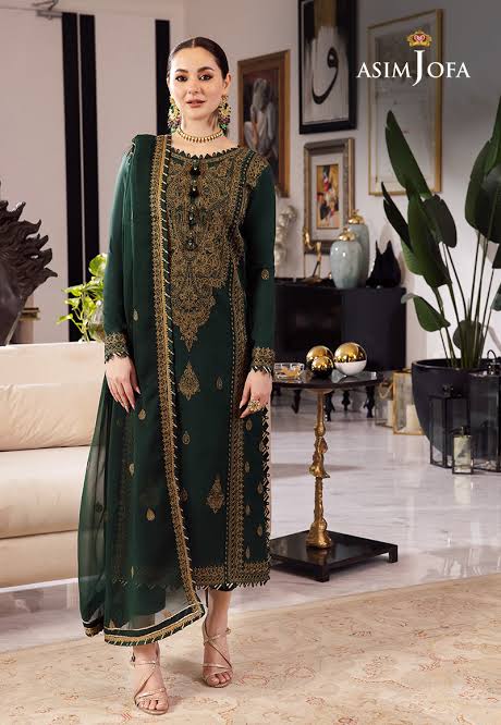 3pcs Asim Jofa Dhanak Green Golden Embroidered