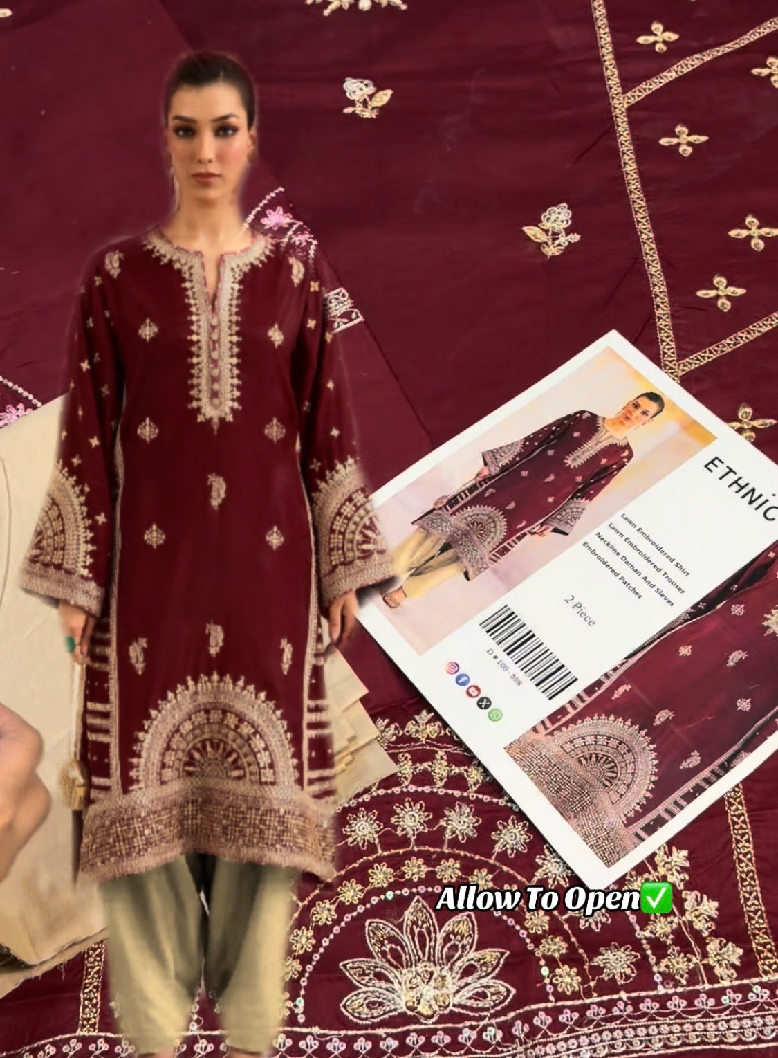 2pcs Ethnic Mehroon Emb lawn