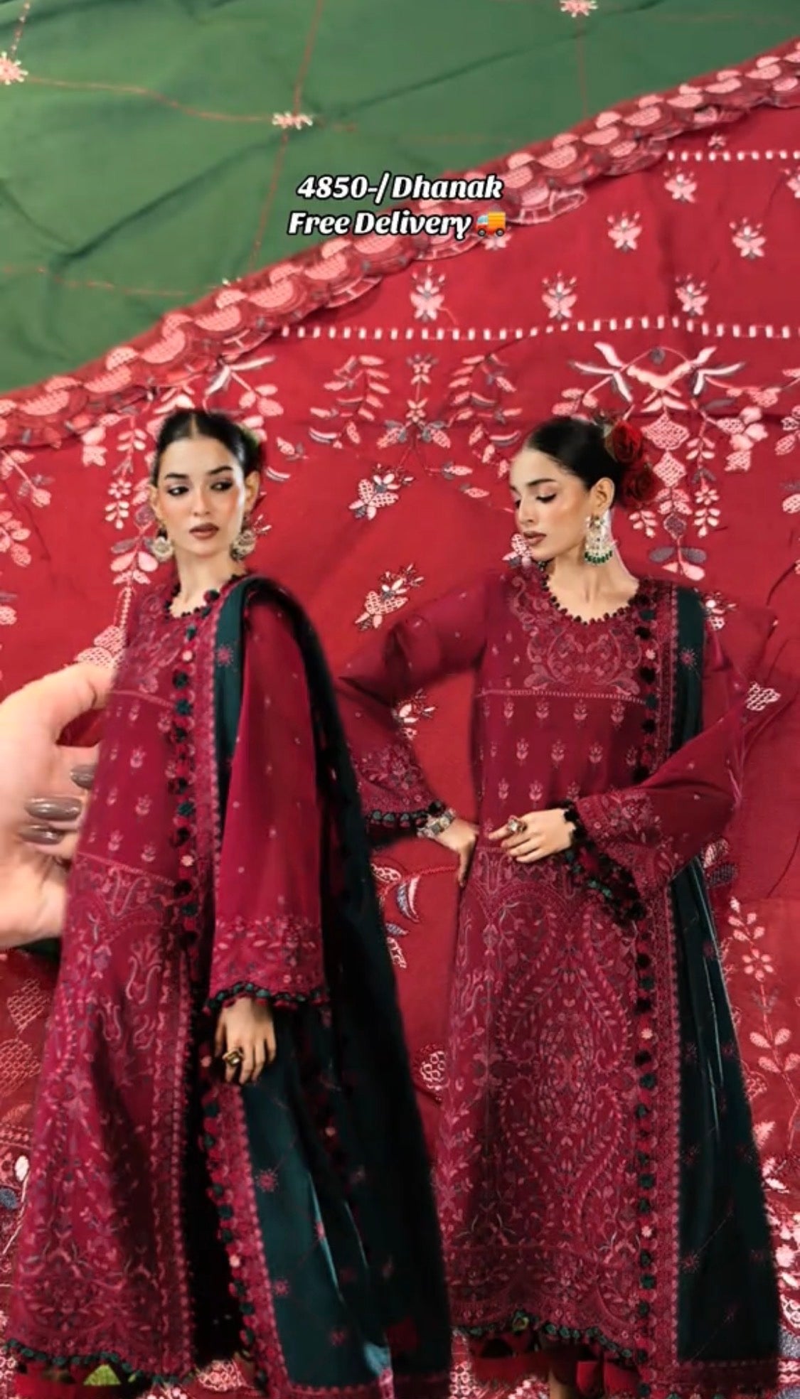 3pcs Dhanak Asim Jofa Mehroon Green Embroidered