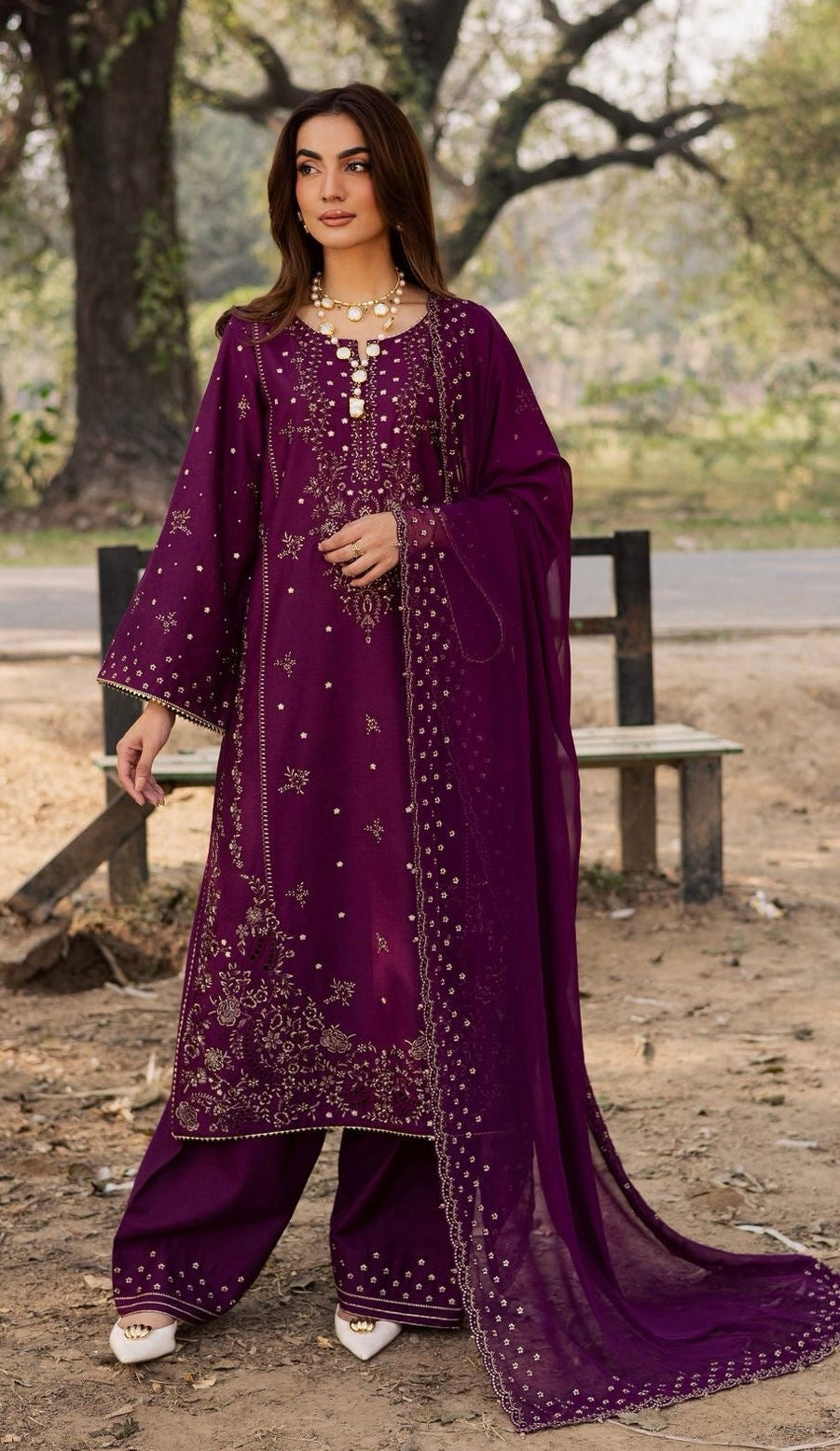 3pcs Batik Plum Emb lawn