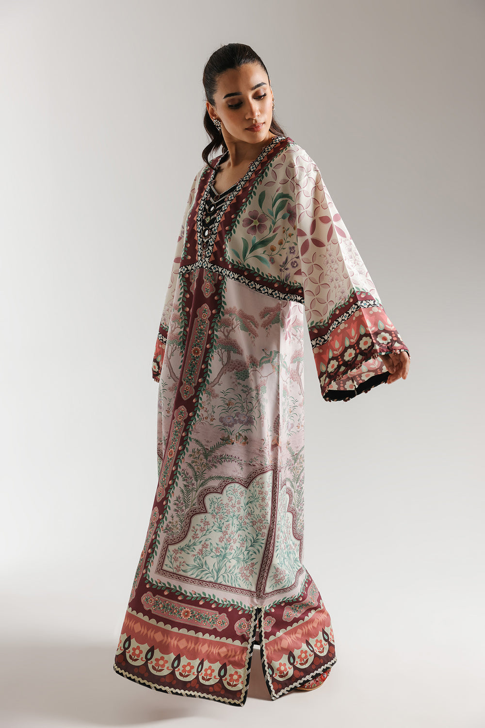 2pcs Ethnic Brown Printed Kaftan Silk