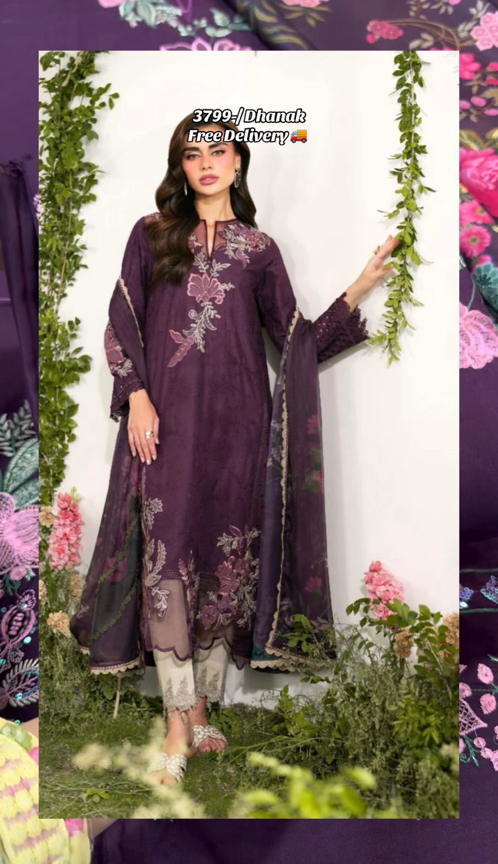 3pcs Dhanak Sadaf Kanwal Purple Embroidered