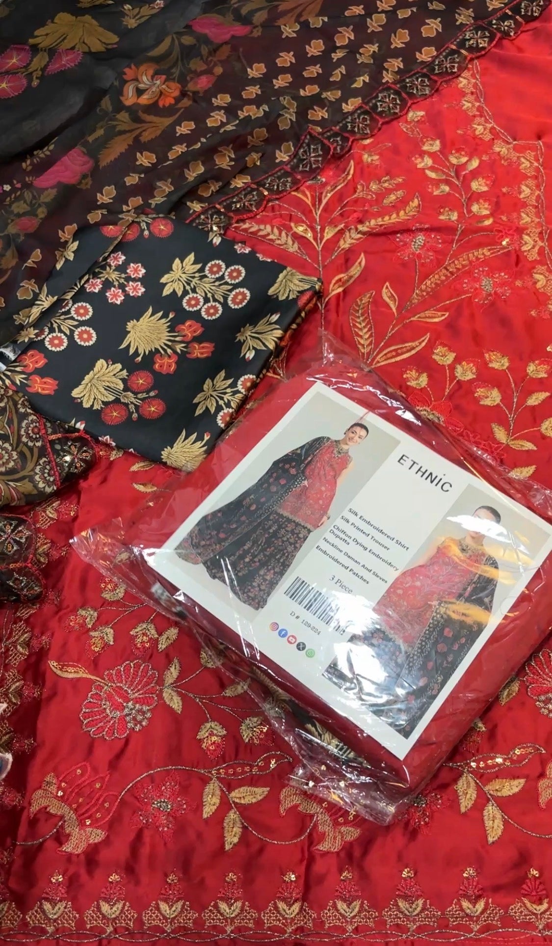 3pcs Silk Ethnic Black Red Embroidered