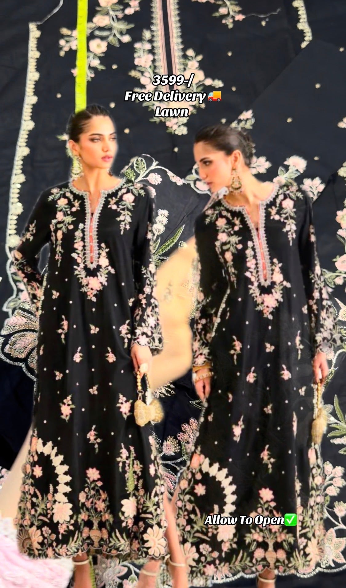 2pcs Ethnic Black Kaftan Long lawn