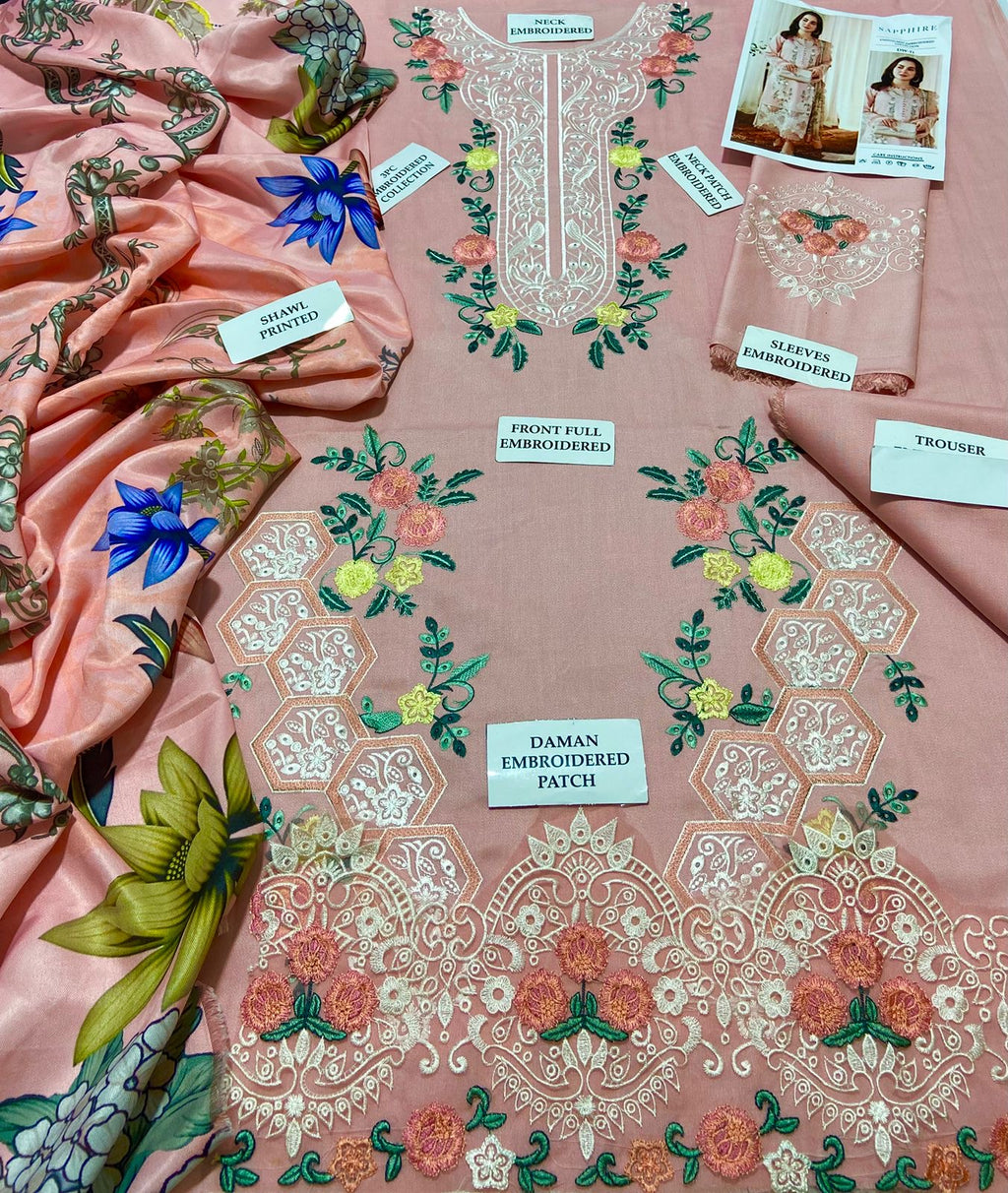 3pcs Sapphire pink  Embroidery Dhanak