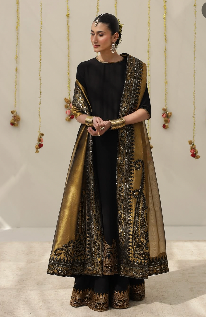3pcs Silk Black Golden Embroidered