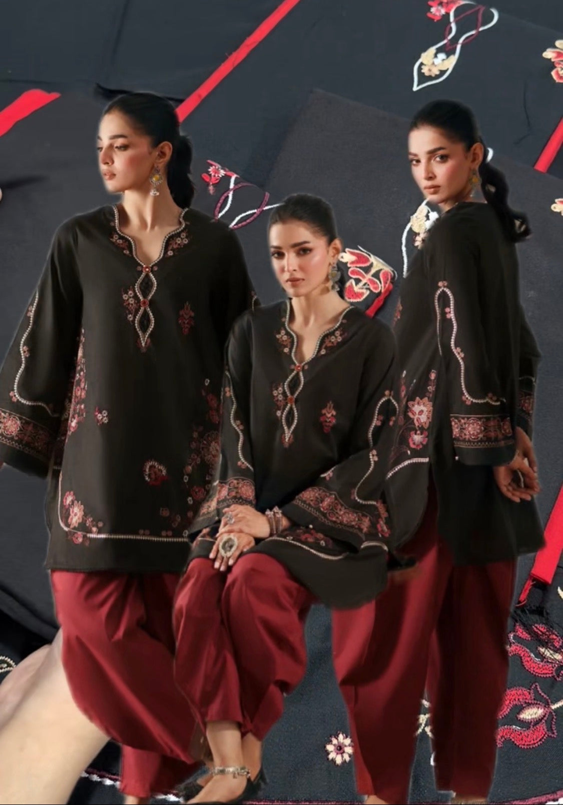 2pcs Dhanak Ethnic Black Red gol Daman Embroidered