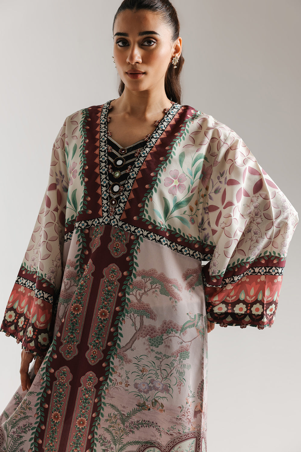 2pcs Ethnic Brown Printed Kaftan Silk