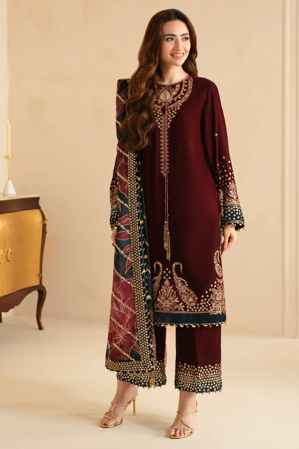 3pcs Jazmin Velvet Mehroon + Zinc Effect Embroidery
