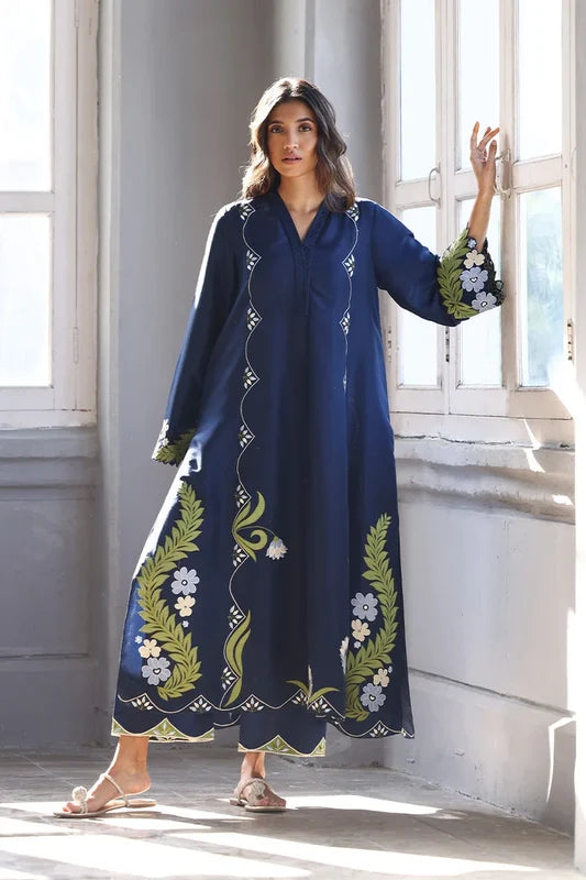 2pcs Dhanak Laam Blue Parrot Embroidered
