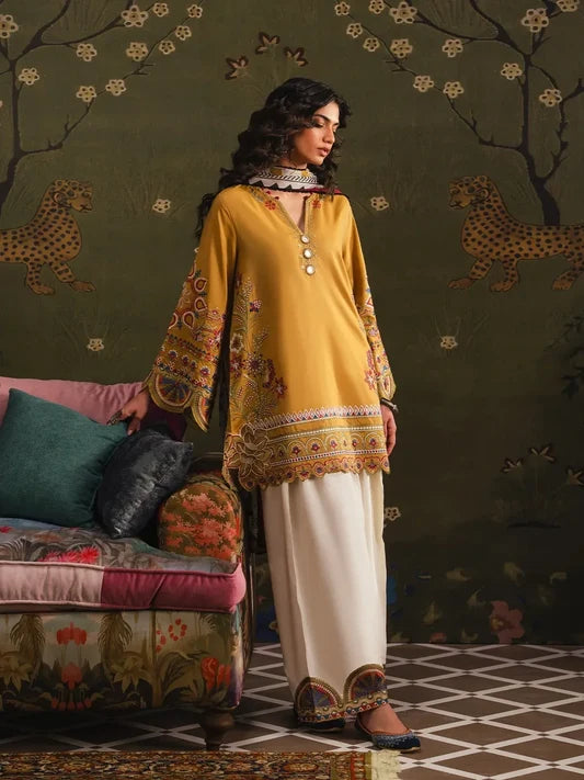 3pcs Dhanak Ethnic Yellow Mustard Embroidered