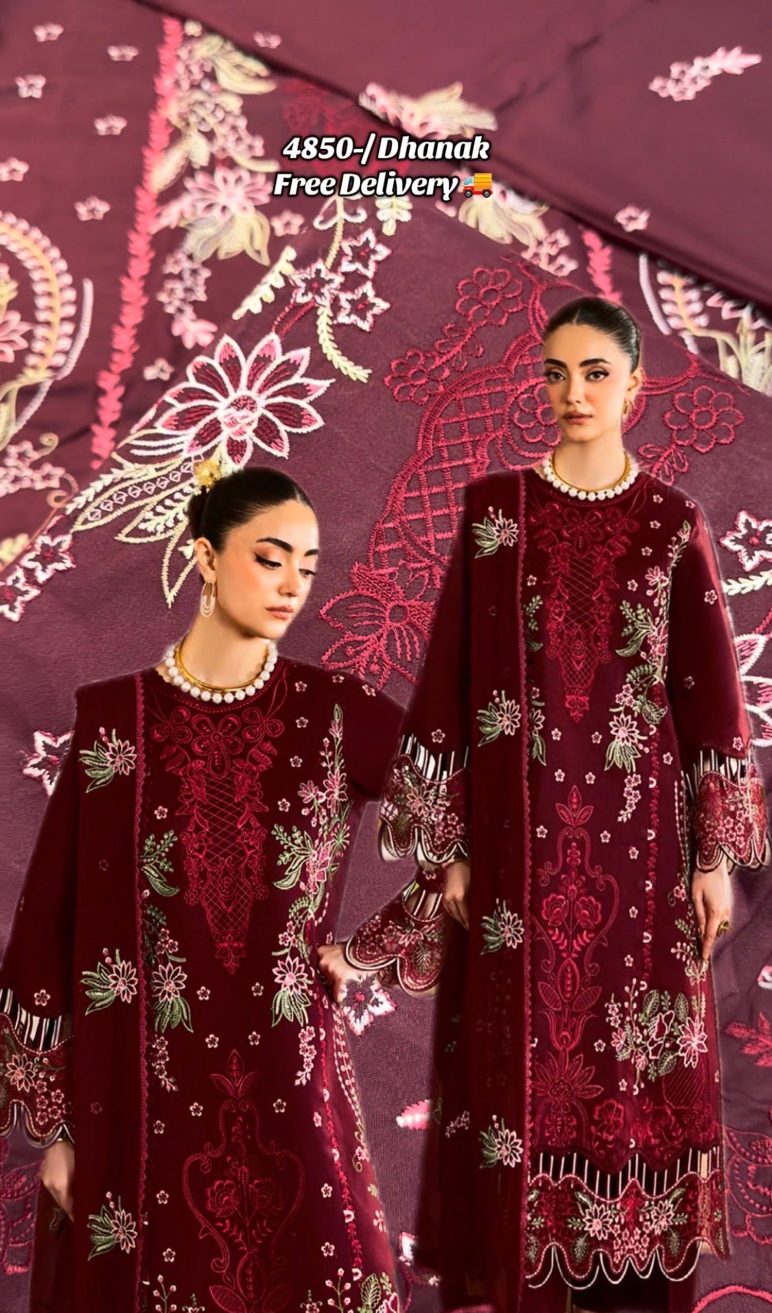 3pcs Mahnur Dhanak Khaleji Embroidered