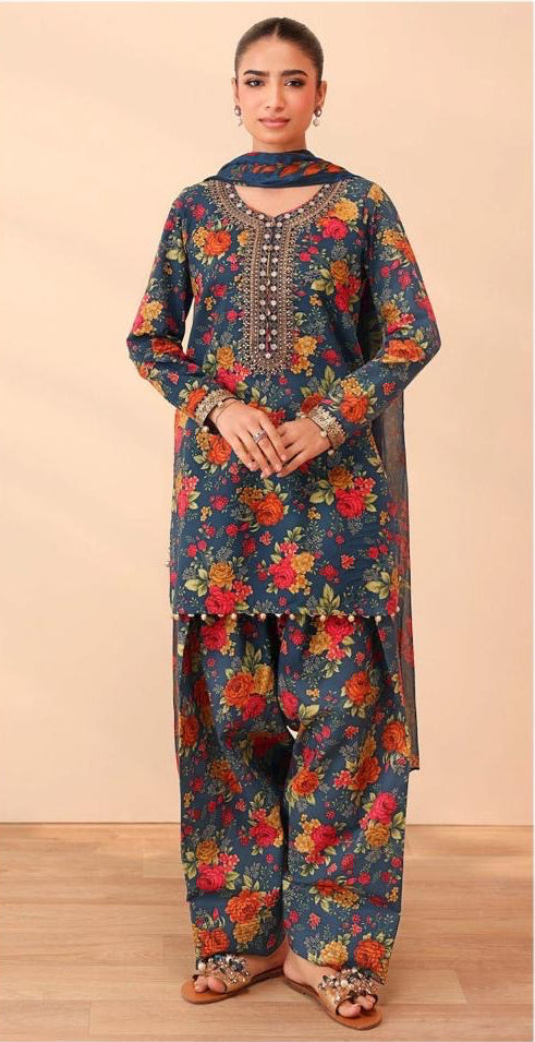 3pcs Maria B Royal Blue Flower Lawn