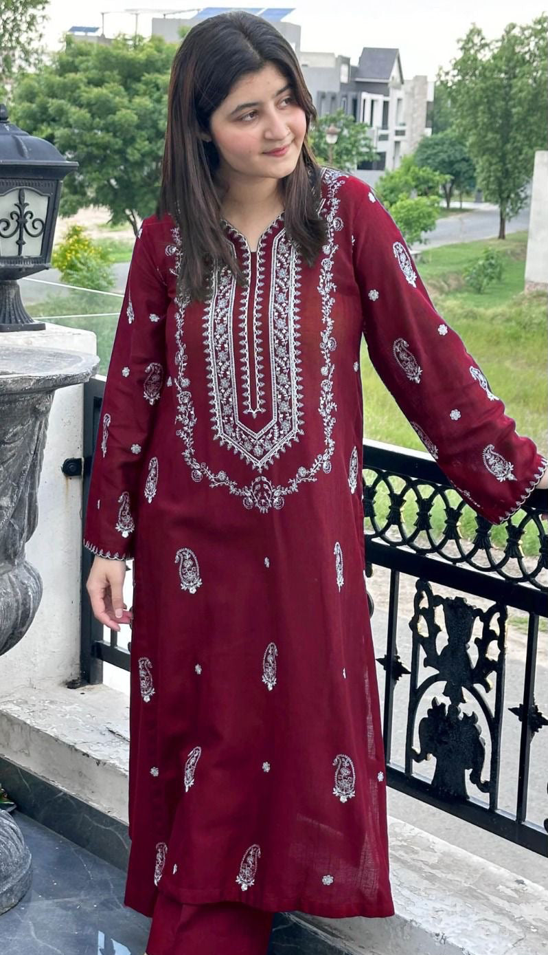 2pcs Embroidery Dhanak laam Mehroon