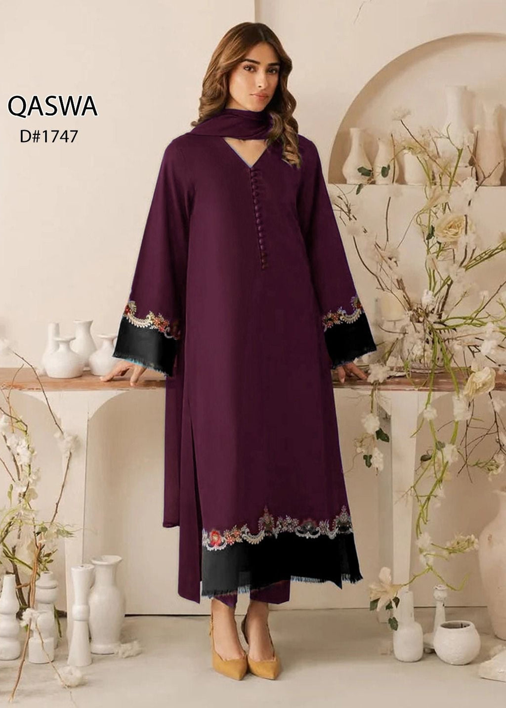 3pcs embroidery dhanak qaswa purple
