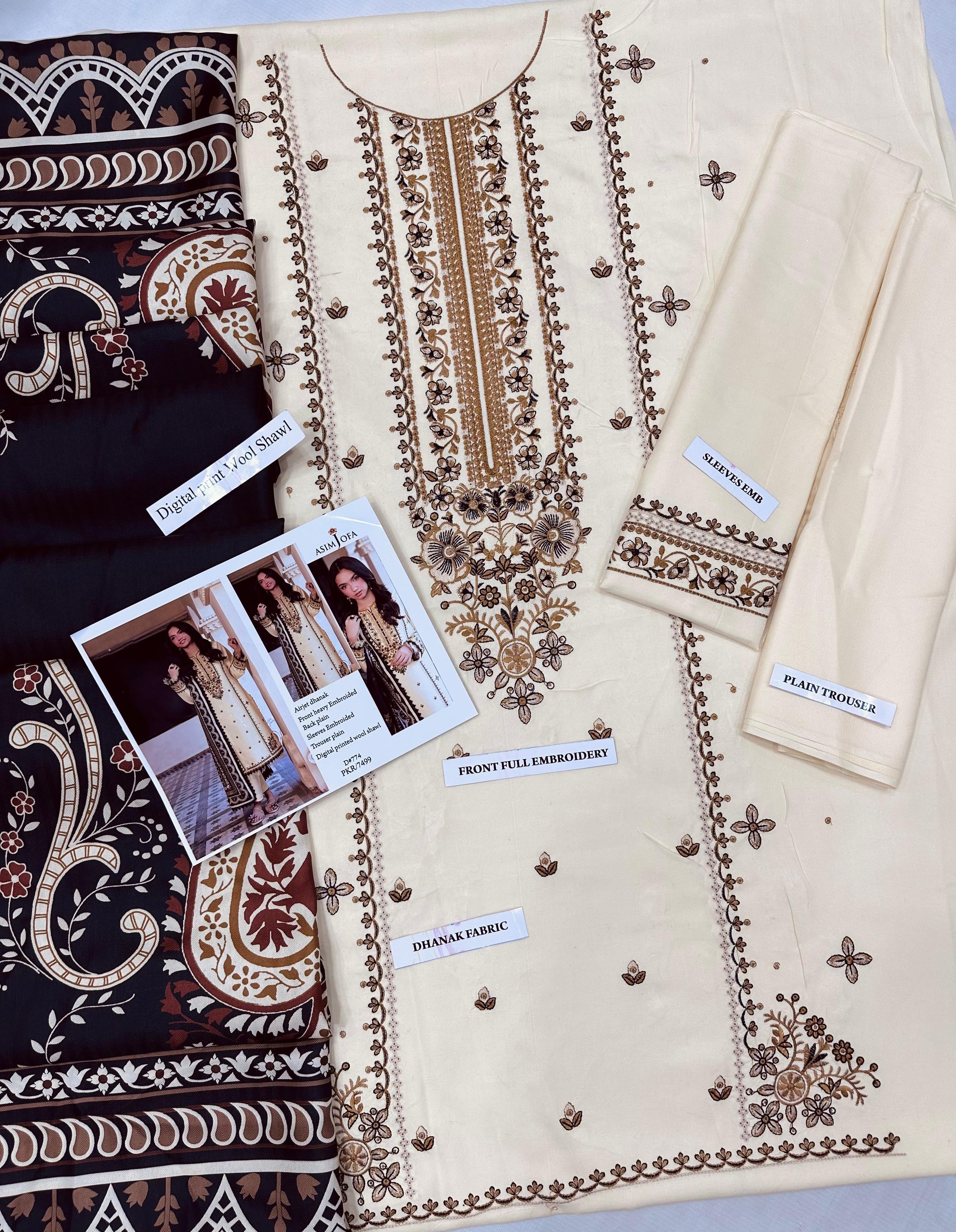 3pcs Asim jofa Embroidered Dhanak