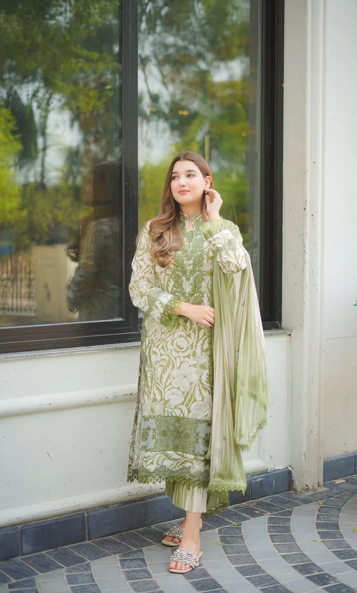 3pcs Aneelas Green print lawn